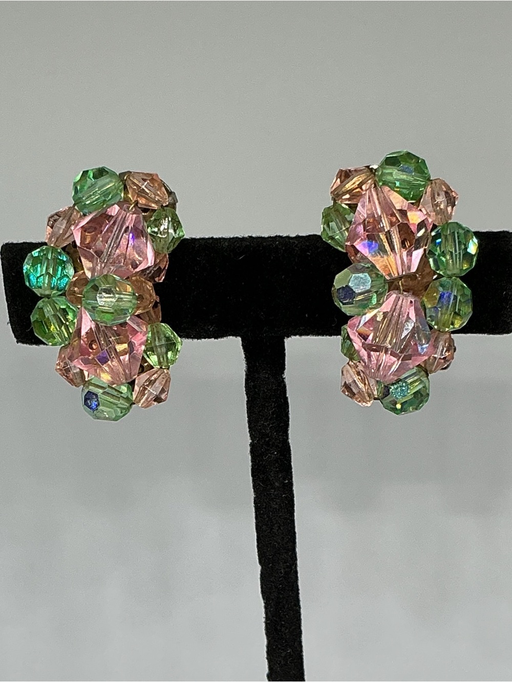 Vintage Pink Green Aurora Borealis Crystal Cluster Clip-On Earrings Mid Century